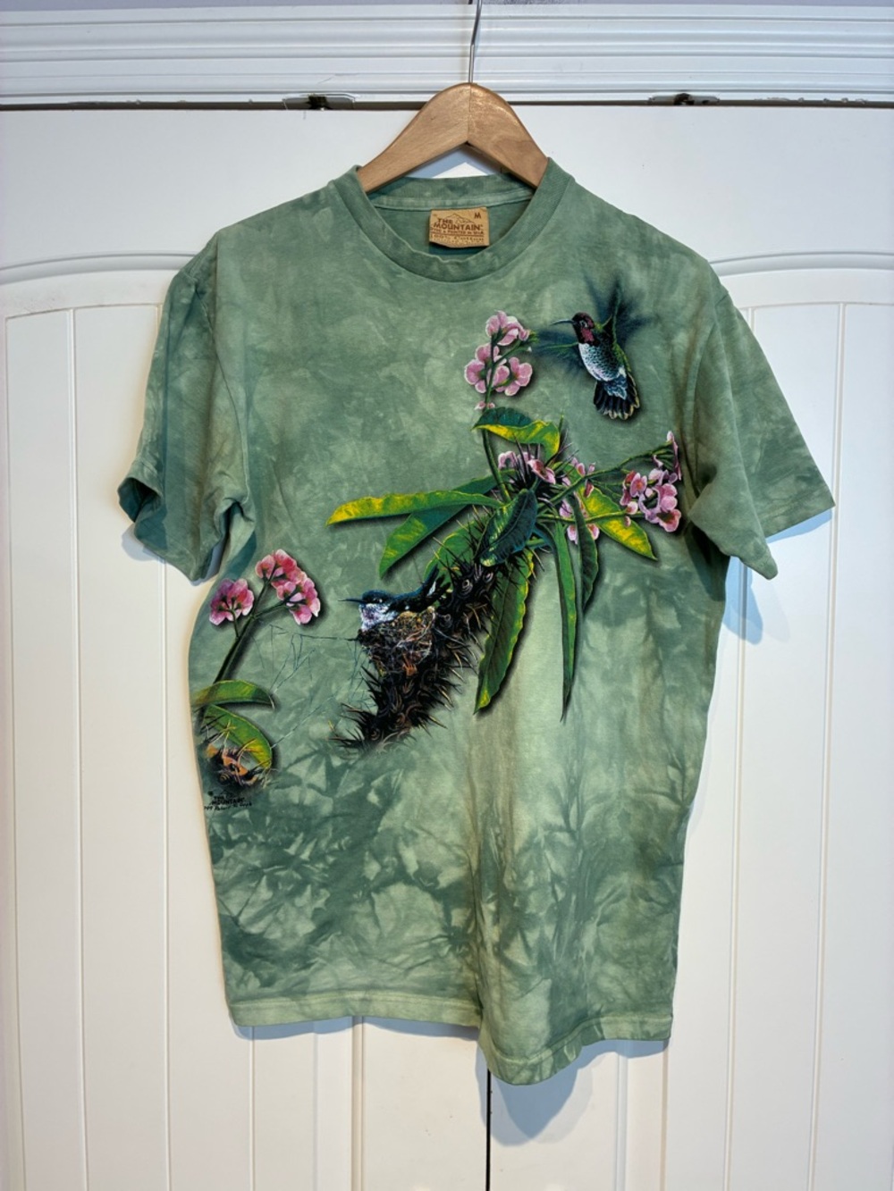 Vintage The Mountain Green Hummingbird & Floral Short Sleeve Tee Size M